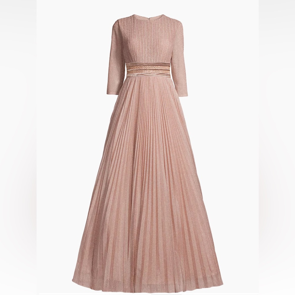 MAC DUGGAL SHIMMERING PLEATED A-LINE 3/4 SLEEVE GOWN - ROSE GOLD